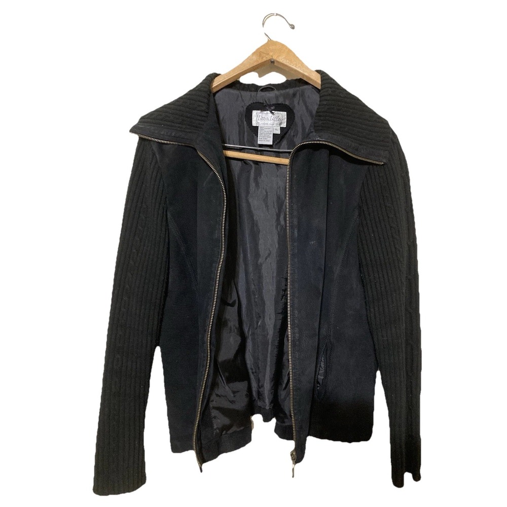 LIVE A LITTLE Women's XL Black Suede Jacket Ribbed Knit Sleeves Leather VTG